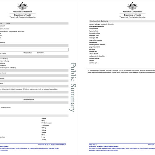 Enervite’s NAD Nicotinamide Dinucleotide TGA Certificate